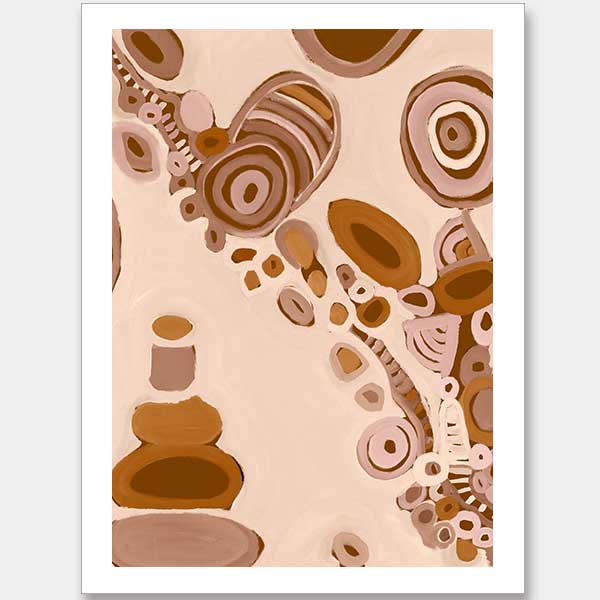 Pink-toned abstract artwork with earthy circular patterns, dotted trails, and bold geometric forms. From the Maria Watson-Trudgett collection with Urban Road.
