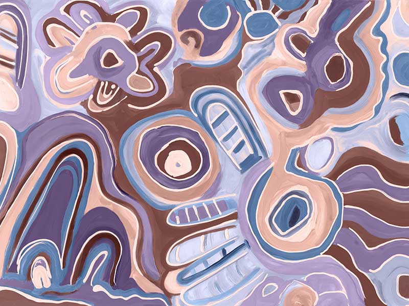 Bright, playful painting in soft brown, peach, and purple tones with fluid forms and floral motifs. From the Maria Watson-Trudgett collection with Urban Road.
