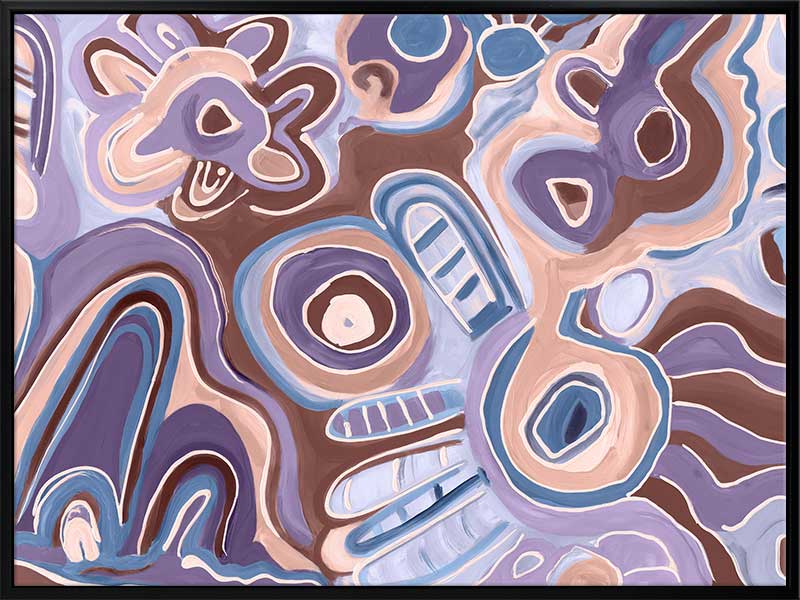 Bright, playful painting in soft brown, peach, and purple tones with fluid forms and floral motifs. From the Maria Watson-Trudgett collection with Urban Road.