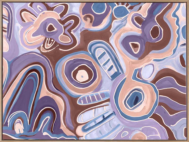 Bright, playful painting in soft brown, peach, and purple tones with fluid forms and floral motifs. From the Maria Watson-Trudgett collection with Urban Road.