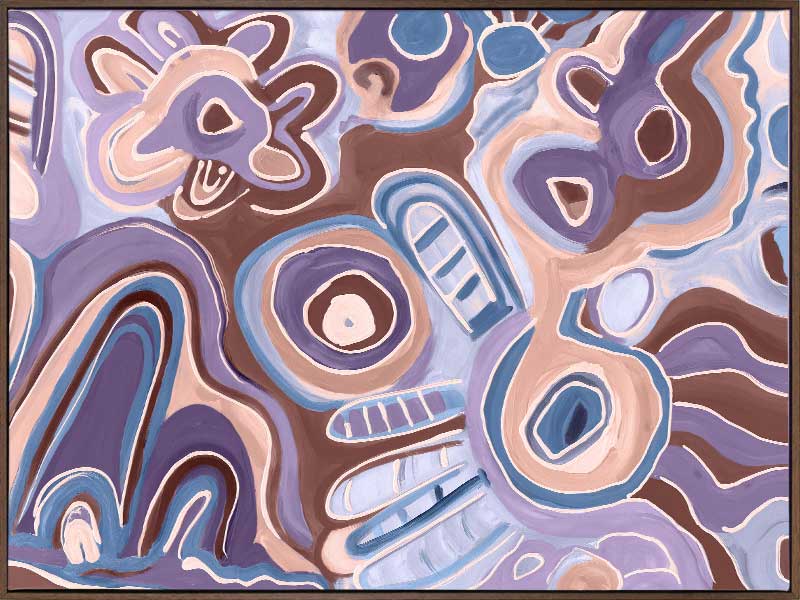 Bright, playful painting in soft brown, peach, and purple tones with fluid forms and floral motifs. From the Maria Watson-Trudgett collection with Urban Road.