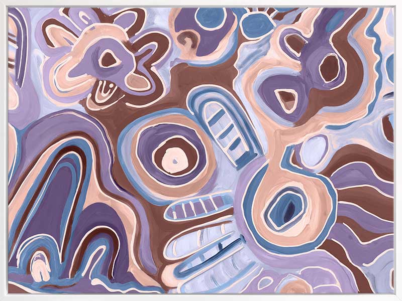 Bright, playful painting in soft brown, peach, and purple tones with fluid forms and floral motifs. From the Maria Watson-Trudgett collection with Urban Road.