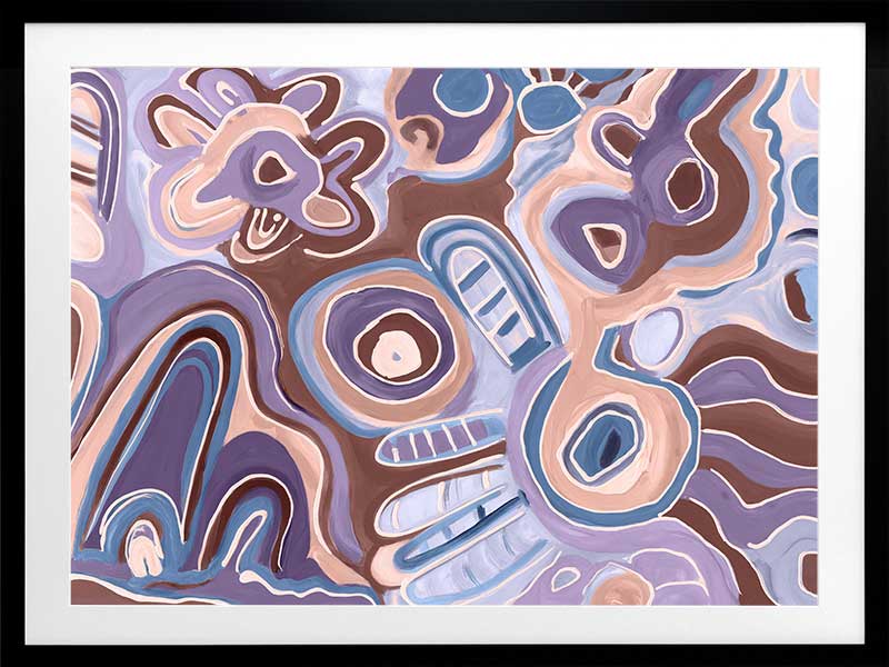 Bright, playful painting in soft brown, peach, and purple tones with fluid forms and floral motifs. From the Maria Watson-Trudgett collection with Urban Road.