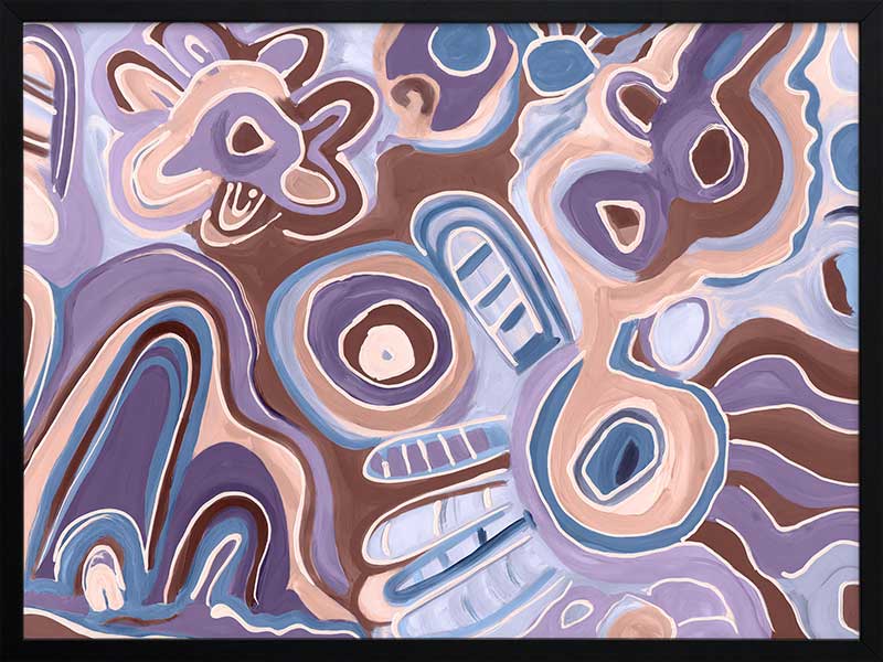 Bright, playful painting in soft brown, peach, and purple tones with fluid forms and floral motifs. From the Maria Watson-Trudgett collection with Urban Road.