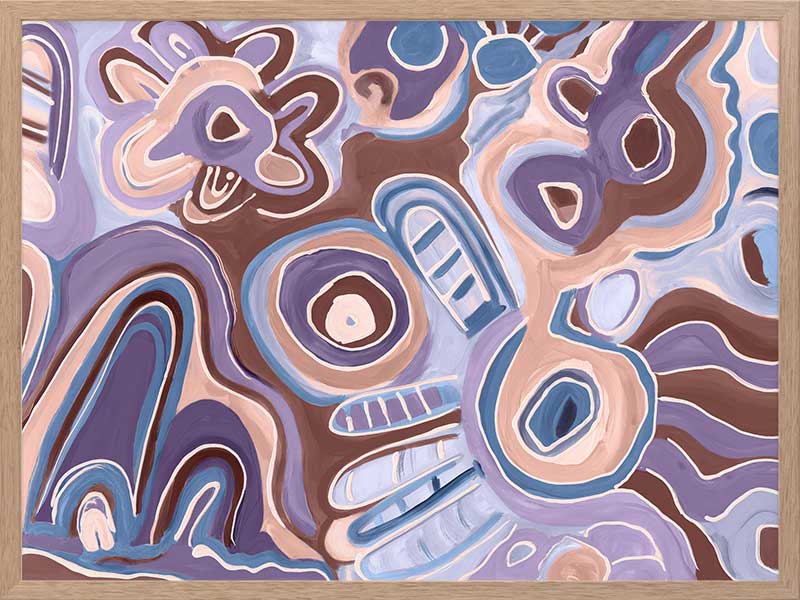 Bright, playful painting in soft brown, peach, and purple tones with fluid forms and floral motifs. From the Maria Watson-Trudgett collection with Urban Road.