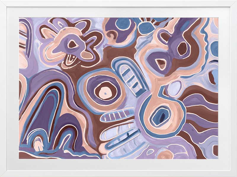 Bright, playful painting in soft brown, peach, and purple tones with fluid forms and floral motifs. From the Maria Watson-Trudgett collection with Urban Road.