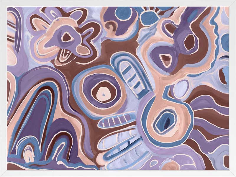 Bright, playful painting in soft brown, peach, and purple tones with fluid forms and floral motifs. From the Maria Watson-Trudgett collection with Urban Road.