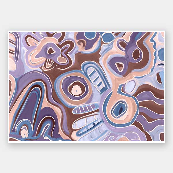 Bright, playful painting in soft brown, peach, and purple tones with fluid forms and floral motifs. From the Maria Watson-Trudgett collection with Urban Road.