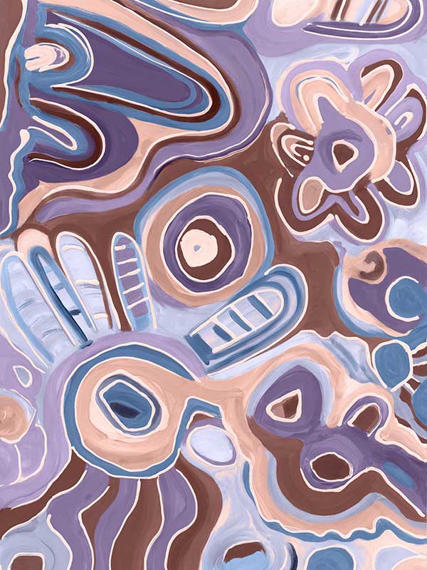 Bright, playful painting in soft brown, peach, and purple tones with fluid forms and floral motifs. From the Maria Watson-Trudgett collection with Urban Road.