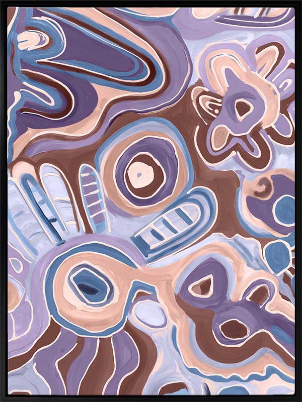 Bright, playful painting in soft brown, peach, and purple tones with fluid forms and floral motifs. From the Maria Watson-Trudgett collection with Urban Road.