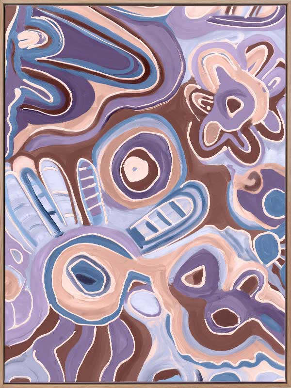 Bright, playful painting in soft brown, peach, and purple tones with fluid forms and floral motifs. From the Maria Watson-Trudgett collection with Urban Road.