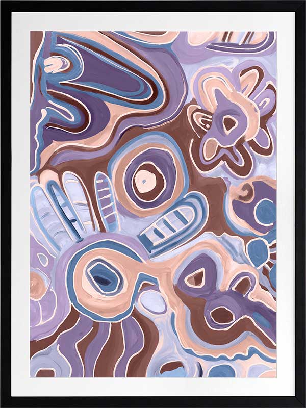 Bright, playful painting in soft brown, peach, and purple tones with fluid forms and floral motifs. From the Maria Watson-Trudgett collection with Urban Road.