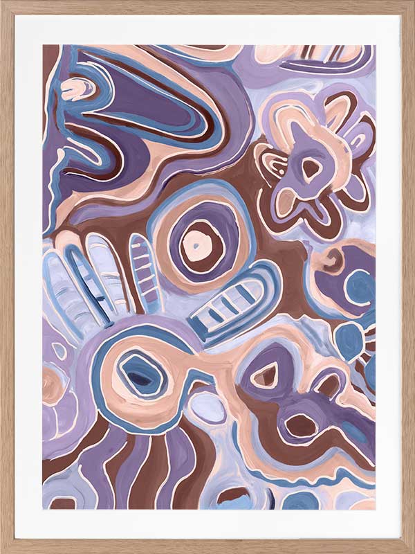 Bright, playful painting in soft brown, peach, and purple tones with fluid forms and floral motifs. From the Maria Watson-Trudgett collection with Urban Road.