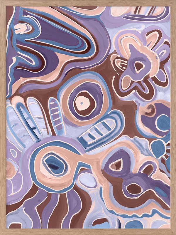 Bright, playful painting in soft brown, peach, and purple tones with fluid forms and floral motifs. From the Maria Watson-Trudgett collection with Urban Road.