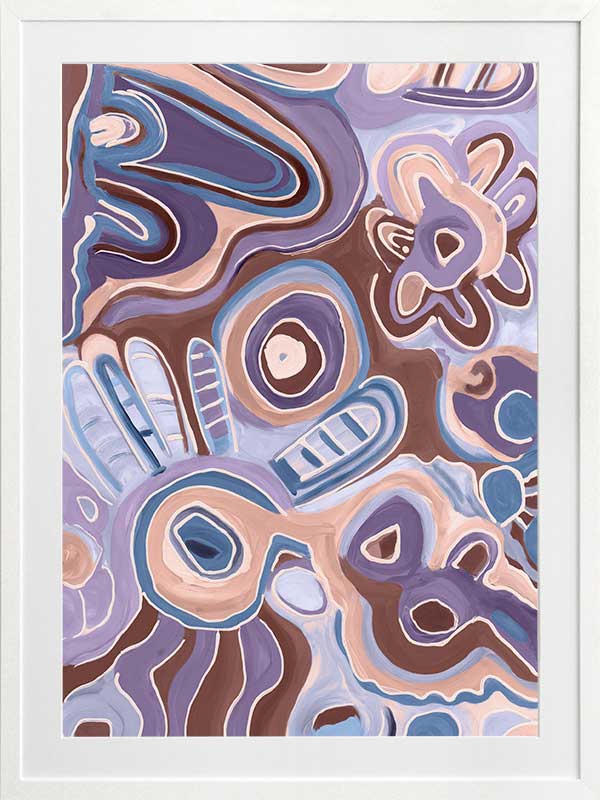 Bright, playful painting in soft brown, peach, and purple tones with fluid forms and floral motifs. From the Maria Watson-Trudgett collection with Urban Road.