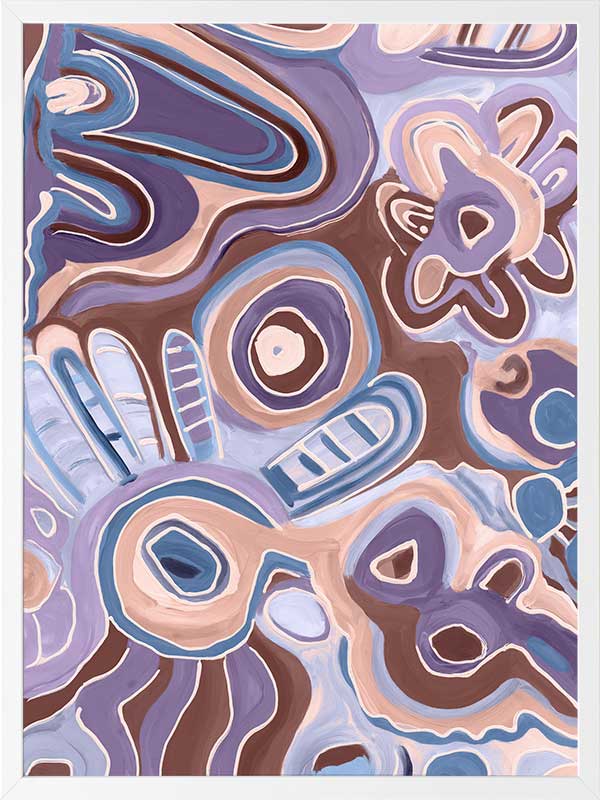 Bright, playful painting in soft brown, peach, and purple tones with fluid forms and floral motifs. From the Maria Watson-Trudgett collection with Urban Road.