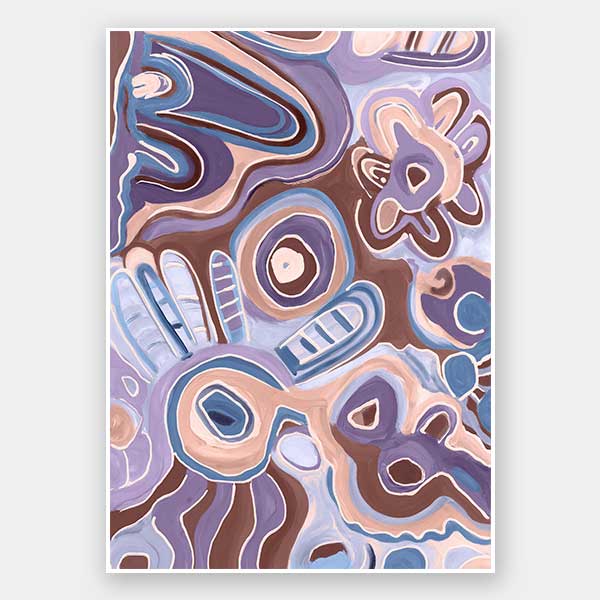Bright, playful painting in soft brown, peach, and purple tones with fluid forms and floral motifs. From the Maria Watson-Trudgett collection with Urban Road.