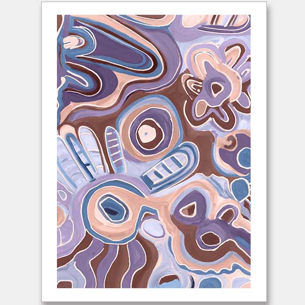 Bright, playful painting in soft brown, peach, and purple tones with fluid forms and floral motifs. From the Maria Watson-Trudgett collection with Urban Road.