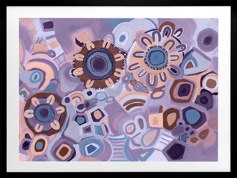 Vivid purple and pink composition featuring blooming flower shapes, geometric tiles, and layered brushstrokes. From the Maria Watson-Trudgett collection with Urban Road.