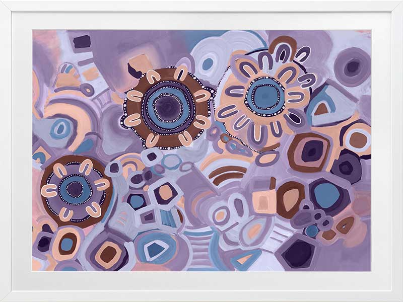 Vivid purple and pink composition featuring blooming flower shapes, geometric tiles, and layered brushstrokes. From the Maria Watson-Trudgett collection with Urban Road.