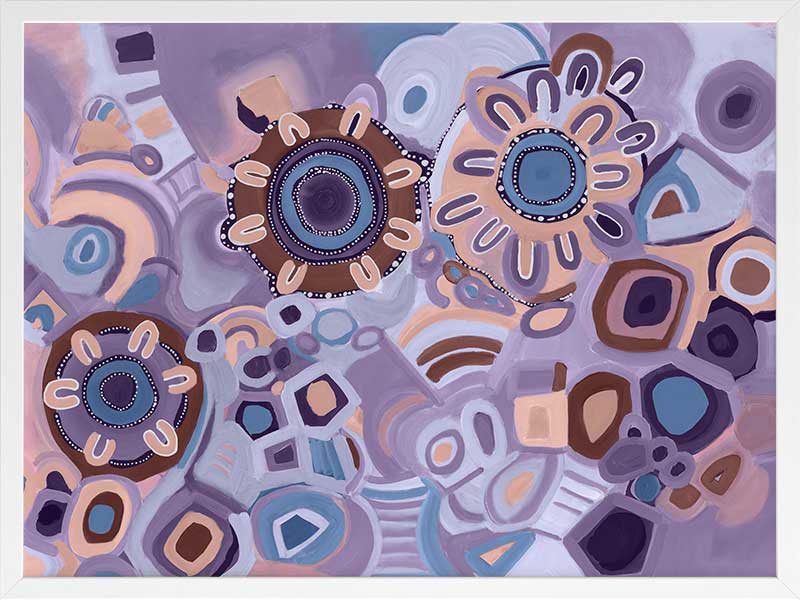 Vivid purple and pink composition featuring blooming flower shapes, geometric tiles, and layered brushstrokes. From the Maria Watson-Trudgett collection with Urban Road.