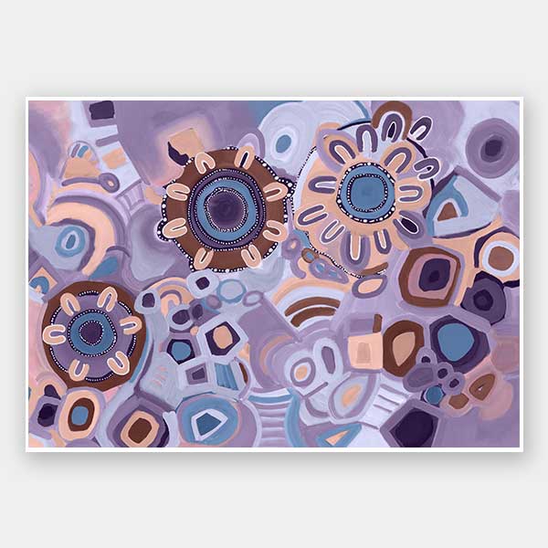 Vivid purple and pink composition featuring blooming flower shapes, geometric tiles, and layered brushstrokes. From the Maria Watson-Trudgett collection with Urban Road.