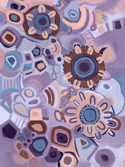 Vivid purple and pink composition featuring blooming flower shapes, geometric tiles, and layered brushstrokes. From the Maria Watson-Trudgett collection with Urban Road.