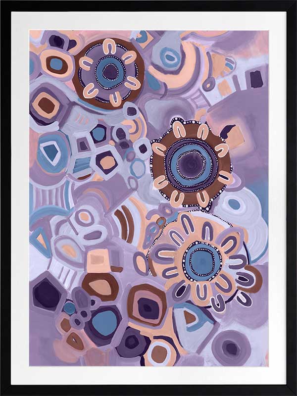 Vivid purple and pink composition featuring blooming flower shapes, geometric tiles, and layered brushstrokes. From the Maria Watson-Trudgett collection with Urban Road.