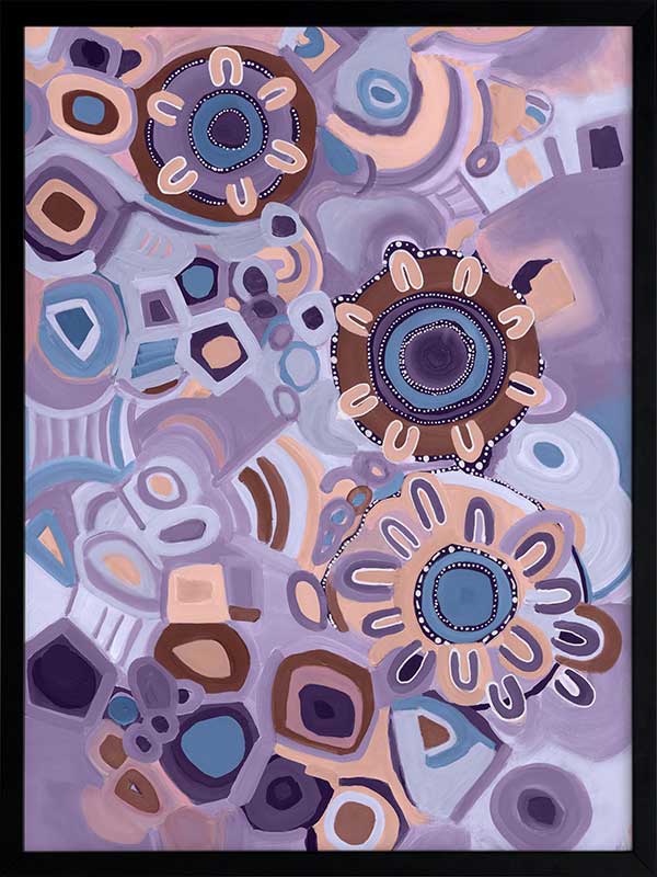 Vivid purple and pink composition featuring blooming flower shapes, geometric tiles, and layered brushstrokes. From the Maria Watson-Trudgett collection with Urban Road.