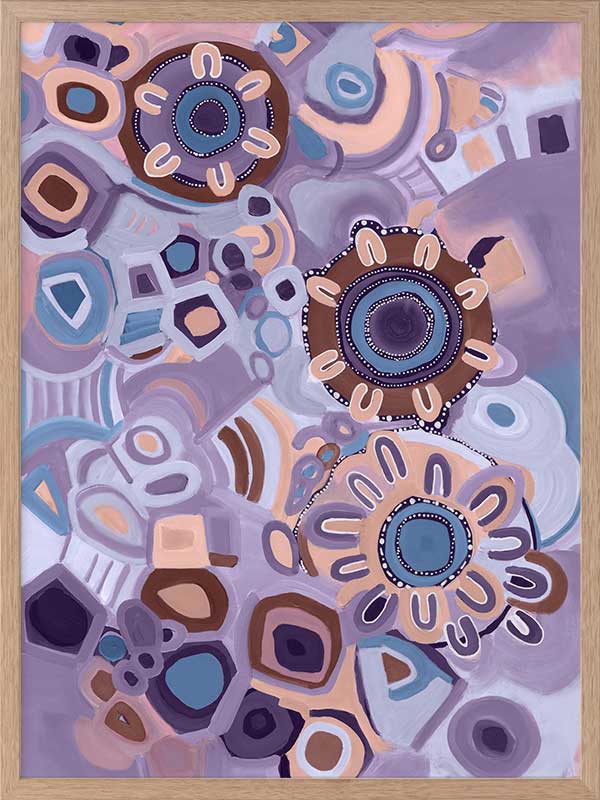 Vivid purple and pink composition featuring blooming flower shapes, geometric tiles, and layered brushstrokes. From the Maria Watson-Trudgett collection with Urban Road.