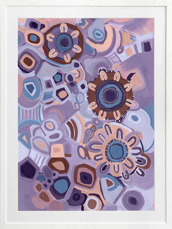 Vivid purple and pink composition featuring blooming flower shapes, geometric tiles, and layered brushstrokes. From the Maria Watson-Trudgett collection with Urban Road.