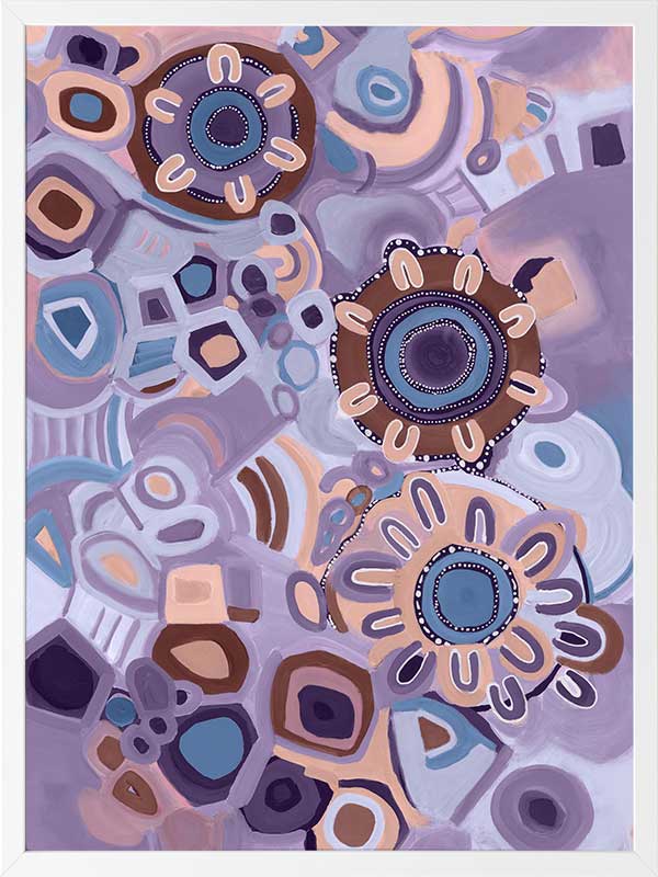 Vivid purple and pink composition featuring blooming flower shapes, geometric tiles, and layered brushstrokes. From the Maria Watson-Trudgett collection with Urban Road.