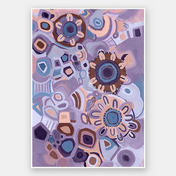 Vivid purple and pink composition featuring blooming flower shapes, geometric tiles, and layered brushstrokes. From the Maria Watson-Trudgett collection with Urban Road.