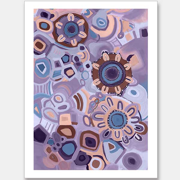 Vivid purple and pink composition featuring blooming flower shapes, geometric tiles, and layered brushstrokes. From the Maria Watson-Trudgett collection with Urban Road.