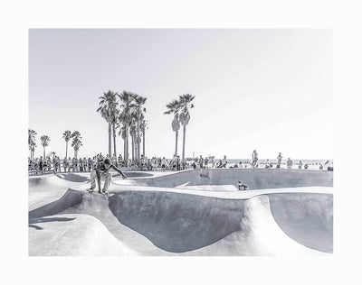 The Air Walk Unframed Art Print by Urban Road features a skateboarder gliding through a vibrant concrete skate park, ringed with palm trees and onlookers enjoying the action under a bright, clear sky.