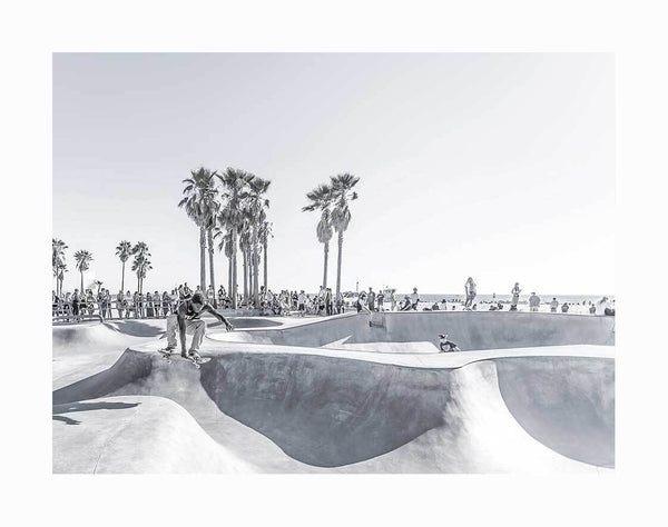 The Air Walk Unframed Art Print by Urban Road features a skateboarder gliding through a vibrant concrete skate park, ringed with palm trees and onlookers enjoying the action under a bright, clear sky.