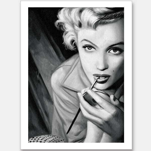 The Marilyn Mono Unframed Art Print by Urban Road features a monochromatic illustration of a woman with short, wavy blonde hair and a beauty mark, applying lipstick in an iconic Marilyn Monroe style.