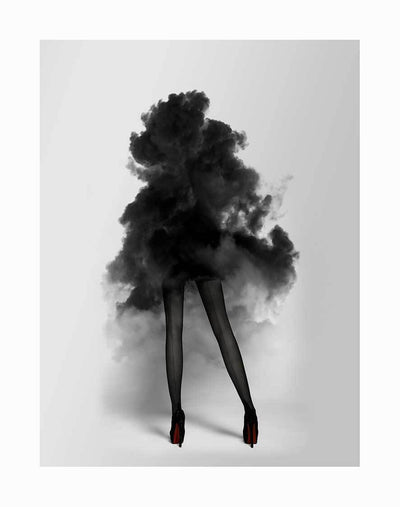 The Smokescreen Unframed Art Print by Urban Road features a person in high heels and sheer black stockings, their upper body hidden by dramatic smoke on a plain light gray background.