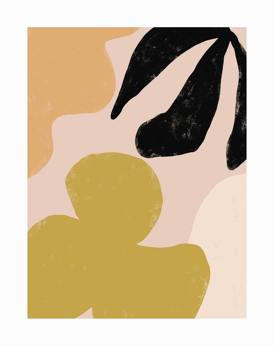 The Anthurium Unframed Art Print by Urban Road features organic leaf and Anthurium-inspired shapes in mustard yellow, black, beige, and peach on a light background with overlapping, textured forms and a subtly worn appearance.