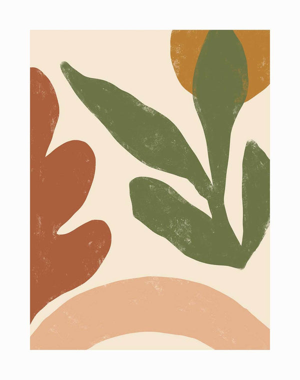 The Juniper Unframed Art Print by Urban Road showcases abstract, textured organic green leaf shapes, an orange floral circle, a brown side accent, and a curved beige arch on a warm muted background.