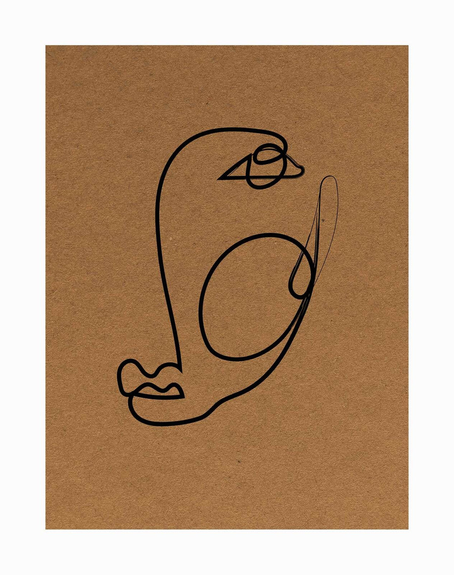 Minimalistic and abstract, the For Emma Unframed Art Print by Urban Road features a bold face with a large eye, accentuated lips, and flowing lines on a brown textured background—an ideal choice for art lovers.