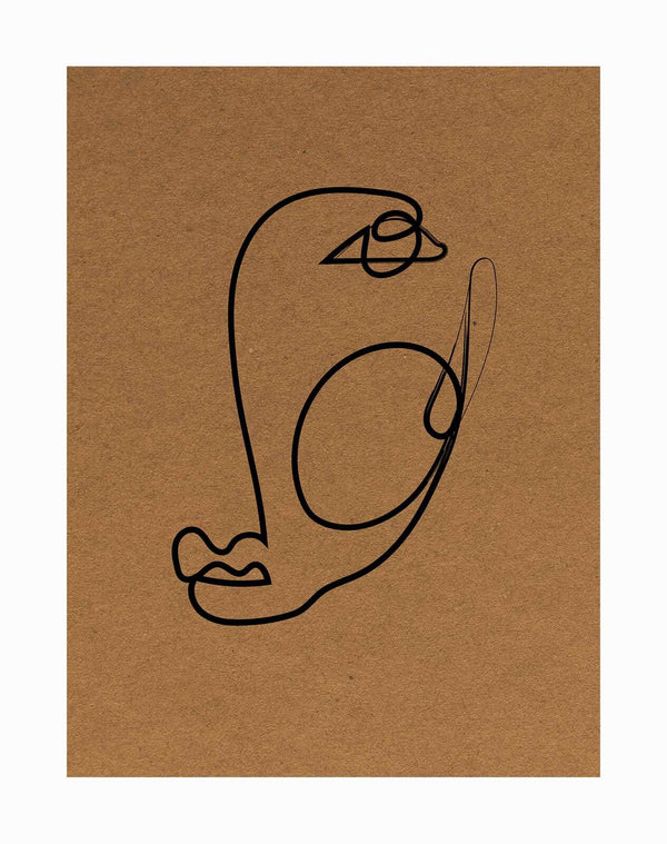 Minimalistic and abstract, the For Emma Unframed Art Print by Urban Road features a bold face with a large eye, accentuated lips, and flowing lines on a brown textured background—an ideal choice for art lovers.