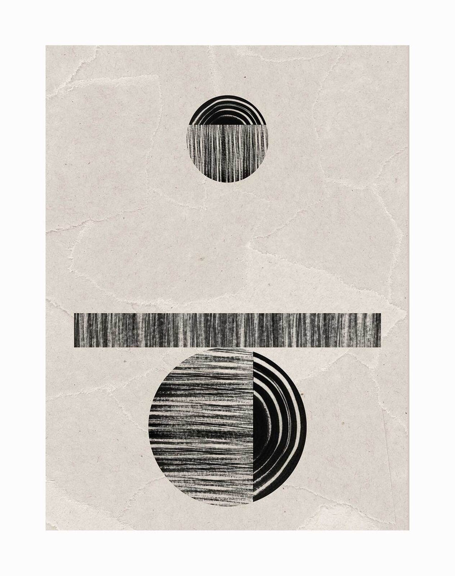 The Zanzibar Unframed Art Print by Urban Road features minimalist abstract art: a small striped circle above a black line with balanced black shapes below, all set against a textured gray background in bold black and white tones.