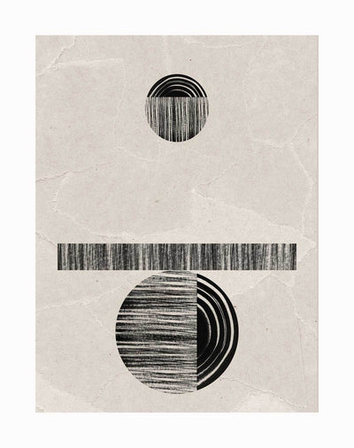 The Zanzibar Unframed Art Print by Urban Road features minimalist abstract art: a small striped circle above a black line with balanced black shapes below, all set against a textured gray background in bold black and white tones.