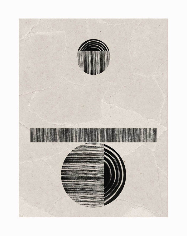 The Zanzibar Unframed Art Print by Urban Road features minimalist abstract art: a small striped circle above a black line with balanced black shapes below, all set against a textured gray background in bold black and white tones.