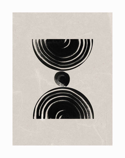 The Nairobi Unframed Art Print by Urban Road features minimalist abstract art—black semi-circles and a central dot on a beige, texture-rich background inspired by subtle tribal designs.