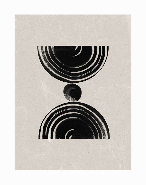 The Nairobi Unframed Art Print by Urban Road features minimalist abstract art—black semi-circles and a central dot on a beige, texture-rich background inspired by subtle tribal designs.
