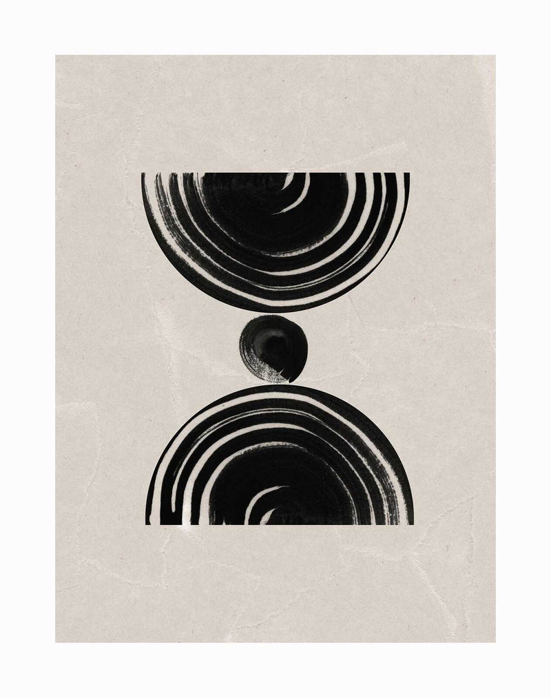 The Nairobi Unframed Art Print by Urban Road features minimalist abstract art—black semi-circles and a central dot on a beige, texture-rich background inspired by subtle tribal designs.