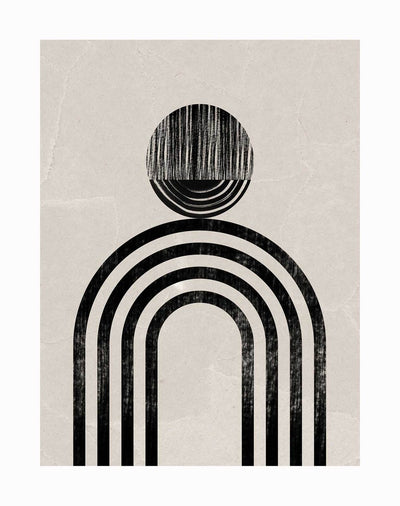 The Tanzania Unframed Art Print by Urban Road features minimalist abstract tribal-inspired art with a textured black semicircle over five curved rainbow-like lines on a beige, slightly wrinkled background.