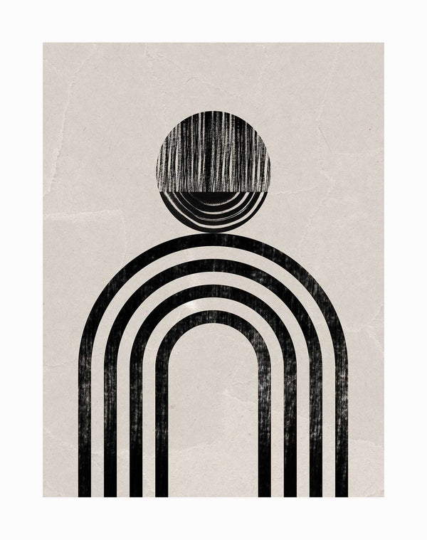 The Tanzania Unframed Art Print by Urban Road features minimalist abstract tribal-inspired art with a textured black semicircle over five curved rainbow-like lines on a beige, slightly wrinkled background.